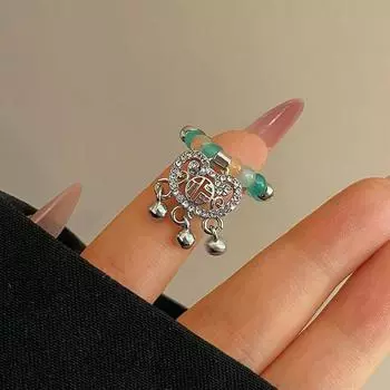 Кольцо с подвеской в виде маленького замка в стиле ретро, с бусинами, простой дизайн, эластичная веревка, регулируемое кольцо на указательный палец, женский подарок на праздник