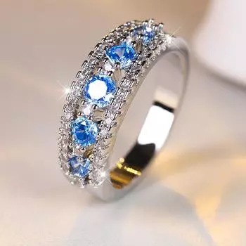 Кольцо с полым дизайном Aqua Blue Zircon для женщин, обручальное кольцо серебряного цвета, ювелирное украшение для помолвки 6 аква голубой/серебряный
