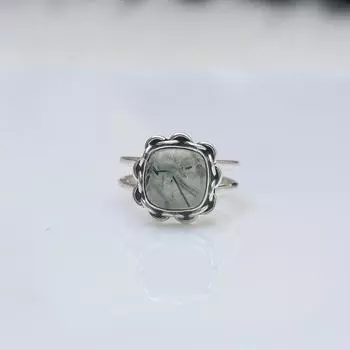 Кольцо с пренитом / Кольцо из стерлингового серебра 925 пробы / Кольцо с лечебным кристаллом / Украшения ручной работы / Женское серебряное кольцо / Винтажное кольцо Us-4 зелёный