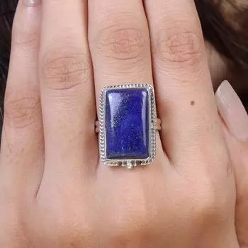 Кольцо с прямоугольным драгоценным камнем из лазурита, дизайнерское кольцо ручной работы, эффектные ювелирные изделия, женские украшения, подарок для нее, подарок на годовщину, серебро 925 пробы 6