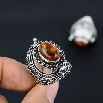 Кольцо с ядом из стерлингового серебра 925 пробы, натуральный янтарь, размер 9 b8D67