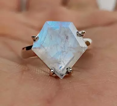 Кольцо с радужным лунным камнем, кольцо-солитер с радужным лунным камнем, винтажное кольцо, кольцо с драгоценным камнем из белого лунного камня 4.5