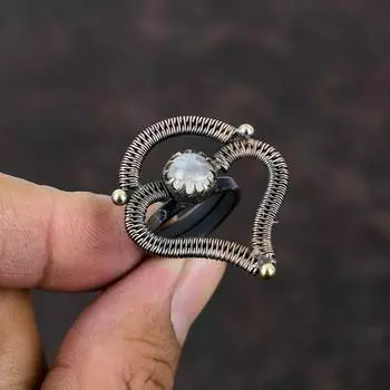 Кольцо с радужным лунным камнем, кольцо из медной проволоки, регулируемое кольцо, медные украшения ручной работы, кольцо из натурального драгоценного камня, достойные ювелирные изделия, подарок на помолвку