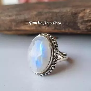 Кольцо с радужным лунным камнем, кольцо с драгоценным камнем, кольцо из стерлингового серебра 925 пробы, ювелирные изделия с овальным лунным камнем, кольца для женщин, серебряное кольцо, подарок на годовщину*** Us 6 белый