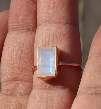 Кольцо с радужным лунным камнем, прямоугольное кольцо, кольцо из розового золота, кольцо ручной работы, составное кольцо, подарок для нее, подарок с камнем на день рождения, серебряное кольцо 5