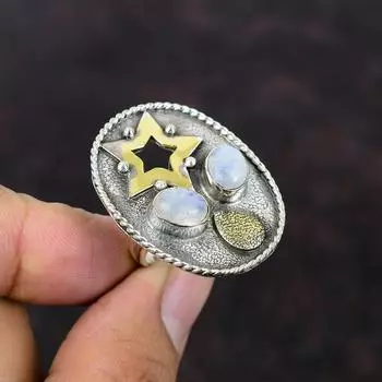 Кольцо с радужным лунным камнем, ювелирные изделия ручной работы, кольцо с драгоценным камнем, кольцо из стерлингового серебра 925 пробы, позолоченное кольцо 18 карат, регулируемое кольцо, серебряное ювелирное изделие, подарок для женщин Adjustable