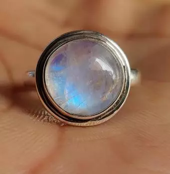 Кольцо с радужным лунным камнем, ювелирные изделия ручной работы, кольцо для женщин, стерлинговое серебро 925 пробы, драгоценный камень круглой формы, подарок для нее, эффектное кольцо 4