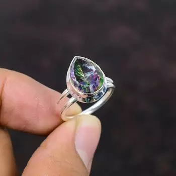Кольцо с радужным мистическим топазом, кольцо из стерлингового серебра 925 пробы, ювелирные изделия из драгоценных камней высшего качества, регулируемое кольцо, кольцо ручной работы в стиле бохо, подарок для ее приличного кольца Adjustable