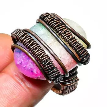 Кольцо с радужным солнечным кварцевым драгоценным камнем, медная проволока, размер 8,5