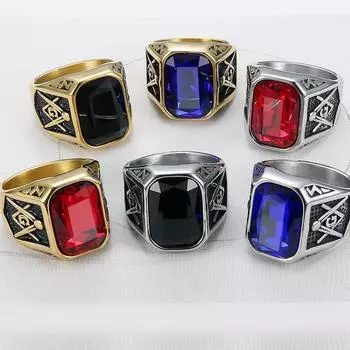 Кольцо с разноцветными камнями в стиле хип-хоп-панк для мужчин и женщин, винтажное кольцо из нержавеющей стали с масонской буквой G, ювелирные изделия No. 7 красный