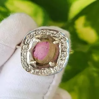 Кольцо с редким арбузным натуральным турмалином из стерлингового серебра 925 пробы и фианитами, размер 9,75 США, A92 9.75 US