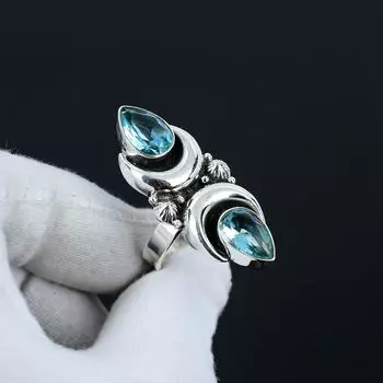 Кольцо с регулируемой оправой из серебра 925 пробы с голубым топазом — подходит для размеров США от 6 до 10 — украшения ручной работы в стиле бохо для женщин и мужчин, подарки на День святого Валентина Adjustable синий