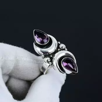 Кольцо с регулируемой оправой из серебра 925 пробы с аметистом и драгоценным камнем — подходит для размеров США от 6 до 10 — украшения ручной работы в стиле бохо для женщин и мужчин, подарки на День святого Валентина Adjustable фиолетовый