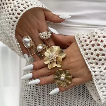 Кольцо с регулируемым жемчужным цветком, винтажное золото, серебро, ретро, преувеличенное, из металлического сплава, полое, для женщин, геометрические украшения, кольца