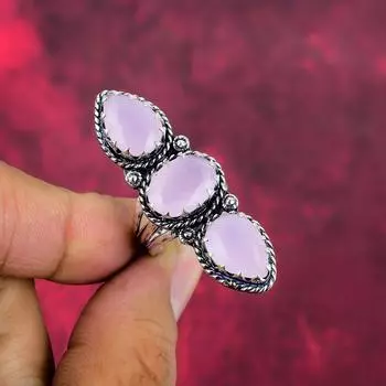 Кольцо с розовым халцедоном, драгоценный камень, кольцо из чистого серебра 925 пробы, регулируемое, подарок для женщин, кольцо ручной работы 4 розовый