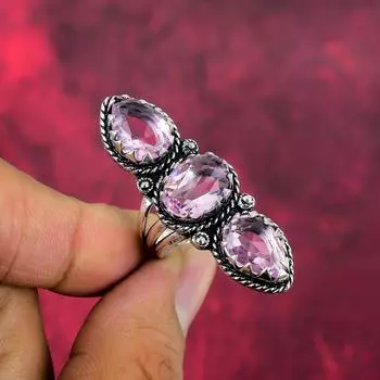 Кольцо с розовым кунцитом, регулируемое кольцо из стерлингового серебра 925 пробы, антикварные ювелирные изделия ручной работы, подарок для мамы 4 розовый