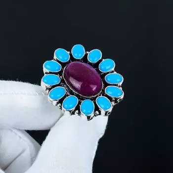 Кольцо с рубином и спящим камнем бирюзы, кольцо из стерлингового серебра 925 пробы, подарок для нее, овальный камень, элегантное кольцо ручной работы, серебряное кольцо с цветком, подарок для жены US 4 красный