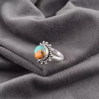 Кольцо с самоцветом Спини Ойстер и медной бирюзой, Ювелирное изделие из серебра ручной работы, Кольцо из серебра 925 пробы, Красивое кольцо в подарок для нее 4 оранжевый