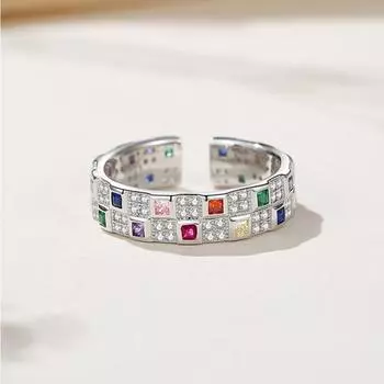 Кольцо с шахматной клеткой и радужным узором для женщин, легкое, роскошное, в стиле меньшинств, модное, индивидуальное, высококлассное, из стерлингового серебра 925 пробы Opening is adjustable