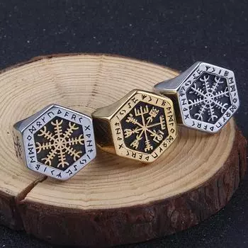 Кольцо с шестиугольным компасом викингов и руной 7 золотой