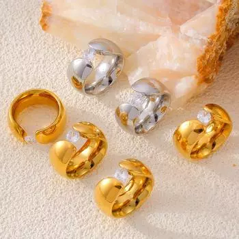 Кольцо с широким зажимом из циркония и гладким покрытием из титановой стали в стиле ретро с покрытием из 18-каратного золота No. 6