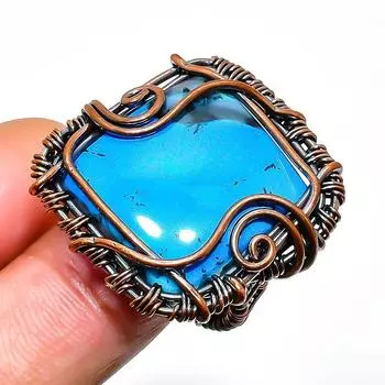 Кольцо с синим дендритовым драгоценным камнем ручной работы из медной проволоки, размер 8