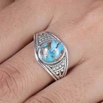 Кольцо с синим медным бирюзовым камнем, дизайнерское кольцо ручной работы, богемное кольцо, кольцо для праздничной одежды, подарок унисекс, серебряные украшения, серебро 925 пробы 6