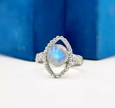 Кольцо с синим огненным лунным камнем, кольцо из стерлингового серебра 925 пробы, кольцо круглой формы, эффектное кольцо, кольцо из натурального драгоценного камня, кольцо ручной работы, кольцо с дизайном глаз.