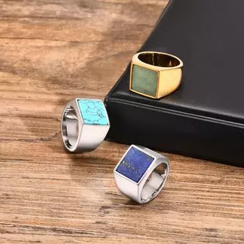 Кольцо с синим природным камнем для мужчин и мальчиков, квадратное кольцо из нержавеющей стали серебристого цвета, кольцо на большой палец, мужские ювелирные изделия, подарки 7
