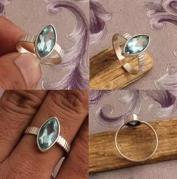 Кольцо с синим топазом, кольцо из цельного серебра 925 пробы, кольцо ручной работы, кольцо с драгоценным камнем, дизайнерское кольцо, серебряные ювелирные украшения, подарок на годовщину 6