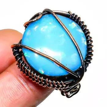 Кольцо с синим триплетным опалом, драгоценным камнем, ручной работы, медная проволока, размер 7