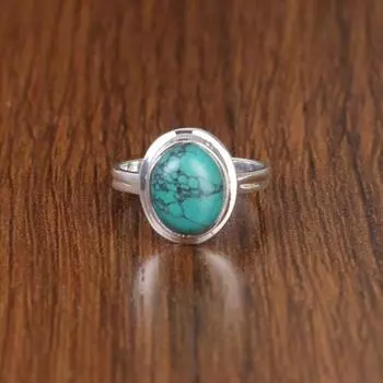 Кольцо с тибетской бирюзой, дизайнерское кольцо ручной работы, эффектное кольцо, украшения на день рождения, кольцо унисекс, кольцо с безелем, кольцо из серебра 925 пробы 6