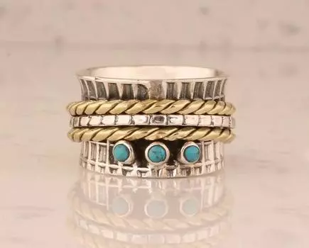 Кольцо с тибетской бирюзой, Серебряное кольцо 925 пробы, Дизайнерское кольцо ручной работы Spinner Band, Кольцо для медитации, Кольцо Fidget, Богемное кольцо, Кольцо Spinner 6