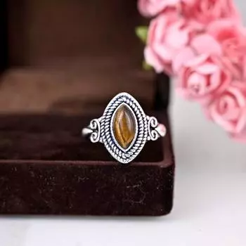 Кольцо с тигровым глазом, кольцо с коричневым камнем, минималистичное кольцо, ювелирные изделия с тигровым глазом, женские кольца с тигровым глазом, серебро 925 пробы, подарок на годовщину Us 6 жёлтый