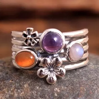 Кольцо с тремя камнями, Подарки для нее, Серебряное кольцо с подвеской, Натуральный драгоценный камень, Кольцо с лунным камнем, Серебряные украшения 4 белый