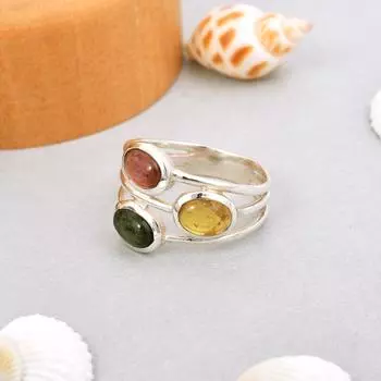Кольцо с тройным кольцом из стерлингового серебра 925 пробы с натуральным мультитурмалином, размер 7,75 США, подарок 7.75 US