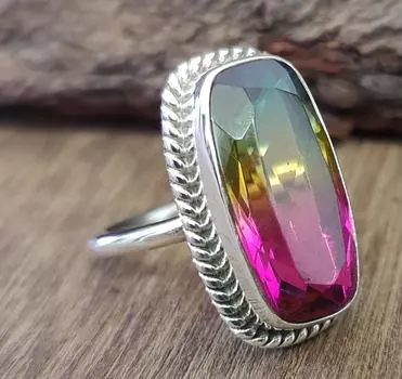 Кольцо с турмалином «Арбуз», серебро 925 пробы, кольцо с турмалином для нее, женское кольцо, эффектное кольцо, октябрьский камень 4.5