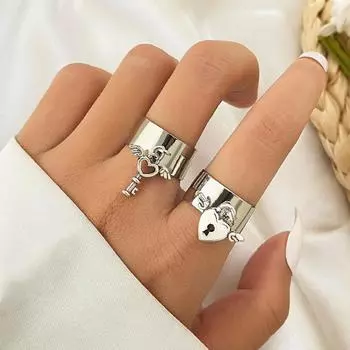 Кольцо с замком для ключей с крыльями ангела, широкие кольца для пар, подарок для мужчин и женщин, аксессуары для друзей, комплект из 2 предметов, серебряное элегантное кольцо серебряный