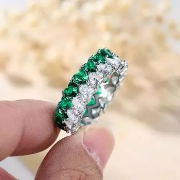 Кольцо с зеленым и белым камнем в форме сердца, круговое кольцо с цирконием, сердце любви, двухрядное обручальное кольцо, обручальное кольцо, кольцо вечности, подарок на день Святого Валентина 6 зелёный