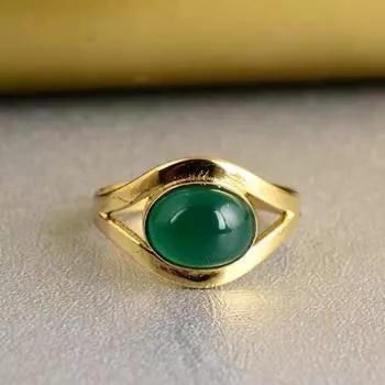 Кольцо с зеленым ониксом, кольцо из цельного серебра 925 пробы, кольцо из желтого золота, кольцо ручной работы, эффектное кольцо, женское кольцо, серебряное кольцо 6