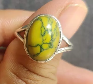 Кольцо с желтой бирюзой, кольцо из стерлингового серебра 925 пробы, желтый медный драгоценный камень с бирюзой, дизайнерское кольцо, подарочное кольцо 4.5