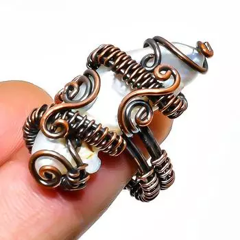 Кольцо с жемчугом Бива, драгоценный камень, ручная работа, медная проволока, размер 7,5