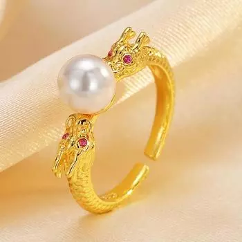 Кольцо с жемчугом и драконом, женский натальный год, двойной дракон, бусина на средний палец, для привлечения богатства в сокровищницу, открывающее кольцо, расширенное чувство Opening adjustable