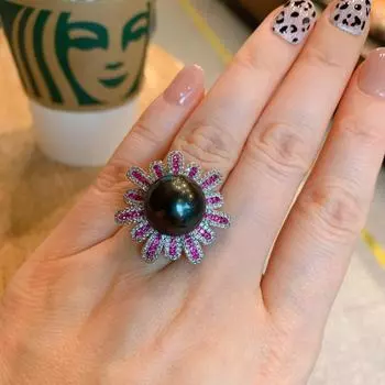 Кольцо с жемчугом и микронабором из красного драгоценного бриллианта, модное регулируемое кольцо