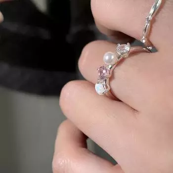 Кольцо с жемчугом и опалом, цирконом, женское, легкое, роскошное, высокое чувство, серебряное кольцо с открытым дизайном 925 пробы opening adjustable