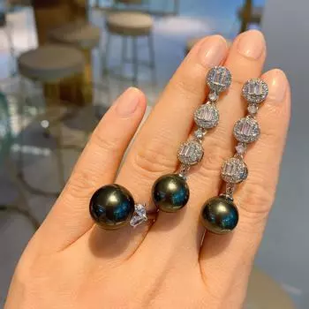 Кольцо с жемчугом Таити, серьги, комплект из двух предметов, модная одежда знаменитостей