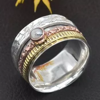 Кольцо с жемчужным камнем, кольцо-спиннер из стерлингового серебра 925 пробы, кольцо в стиле бохо, этническое кольцо для медитации ручной работы, трехцветное кольцо-спиннер 6 серебряный