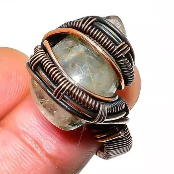 Кольцо с золотым рутилом и драгоценным камнем, размер 5, ручная работа, медная проволока