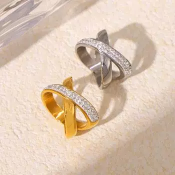 Кольцо Simple Personality с бриллиантом в форме буквы X, геометрический нерегулярный дизайн, титановая сталь, покрытая настоящим золотом 18 карат No.6