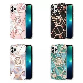 Кольцо-скоба Golden Border Grid Marble Flower IMD Ультратонкий чехол для телефона iPhone 12 12ProMax 11ProMax XSMax XR XS iPhone 7 8 SE iPhone 13 14 15 iPhone 15 Plus белый
